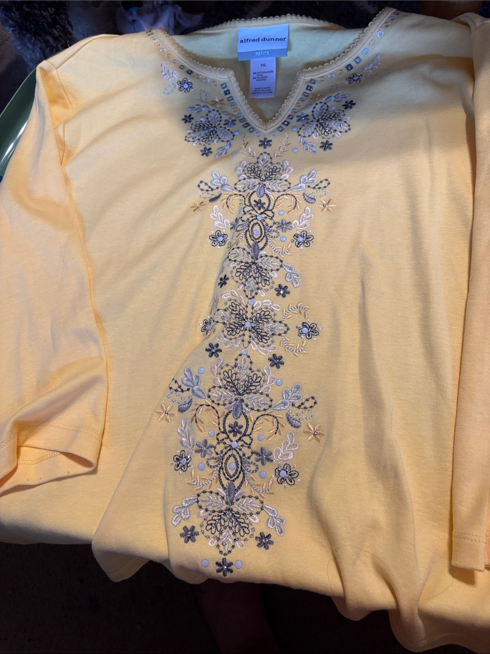 Alfred Dunner Yellow V-Neck Sweater with Silver & White Embroidery